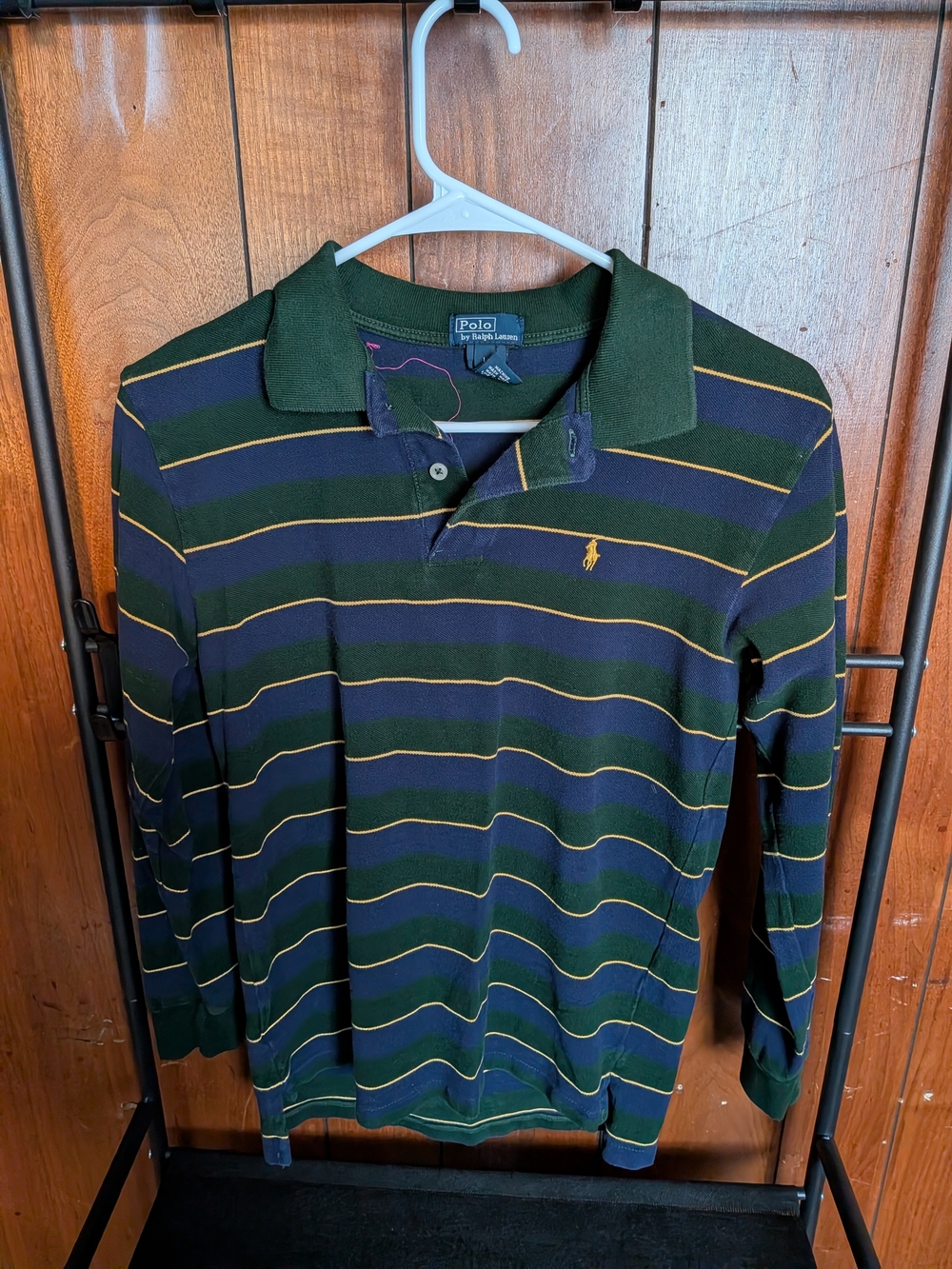 Ralph Lauren Green & Navy Striped Long-Sleeve Polo with Yellow Trim